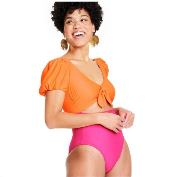 New! Tabitha Brown x Target Color Block Puff Sleeve Tie-Front Swimsuit Cutout - Picture 3 of 4